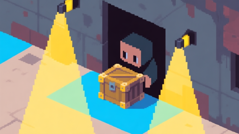 自动生成图片: A stylized, top-down view of a pixelated character hiding in shadows behind a crate, with cone-shaped guard vision fields in yellow and safe zones in blue, soft muted color palette high quality illustration, detailed, 16:9