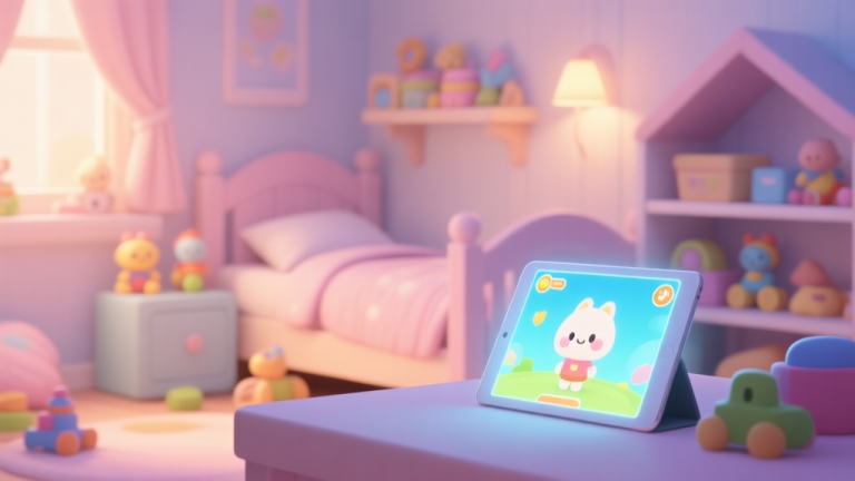 自动生成图片: A cozy, inviting children's room scene in a soft pastel color palette, with a hint of gameplay elements like a glowing tablet screen showing a cute character, toys neatly arranged in the background, warm lighting high quality illustration, detailed, 16:9