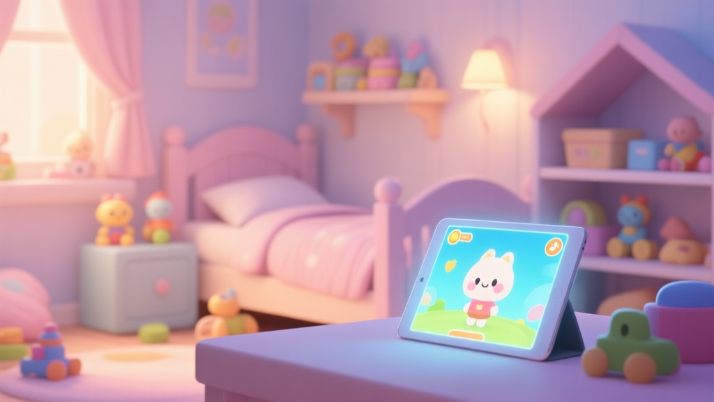 A cozy, inviting children's room scene in a soft pastel color palette, with a hint of gameplay elements like a glowing tablet screen showing a cute character, toys neatly arranged in the background, warm lighting high quality illustration, detailed, 16:9