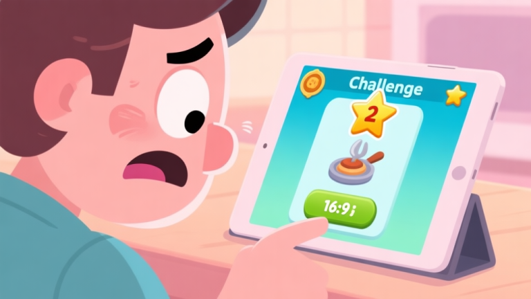 自动生成图片: A frustrated player looking at a tablet screen showing a failed cooking game challenge with a 2-star rating, soft pastel colors, cartoon style, expressive character high quality illustration, detailed, 16:9