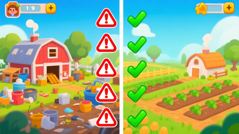 自动生成图片: A split-screen illustration showing a cluttered, inefficient farm on one side with red warning icons, and a neat, organized, and productive farm on the other side with green checkmarks, in a cheerful cartoon game art style high quality illustration, detailed, 16:9