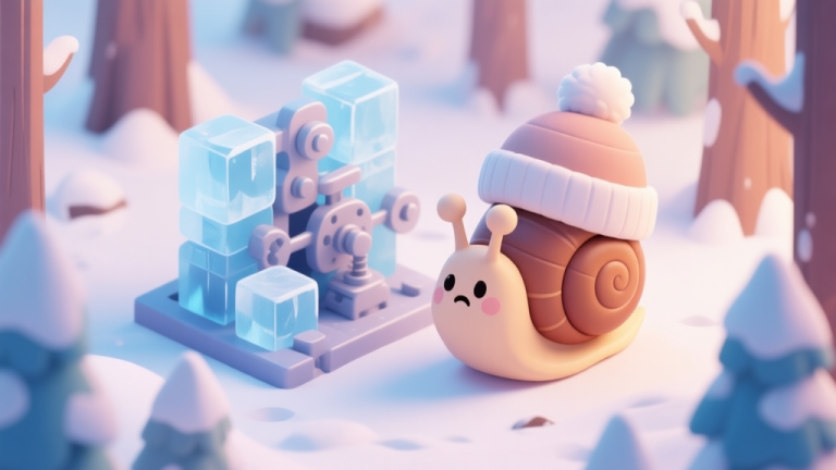自动生成图片: A cute cartoon snail wearing a winter hat, looking puzzled at a complex puzzle with ice blocks and levers in a snowy forest, soft pastel colors, warm and cold contrast, isometric view high quality illustration, detailed, 16:9