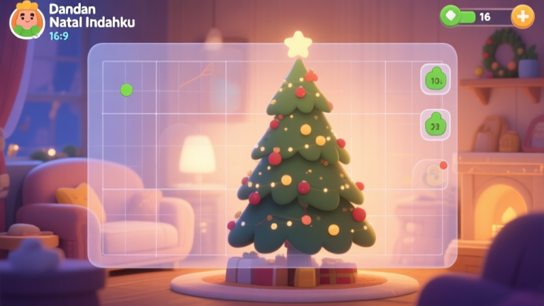 自动生成图片: A cozy, softly lit game screenshot style image of a half-decorated Christmas tree in "Dandan Natal Indahku", with a translucent overlay showing strategic grid lines and scoring zones, in a warm and gentle color palette high quality illustration, detailed, 16:9