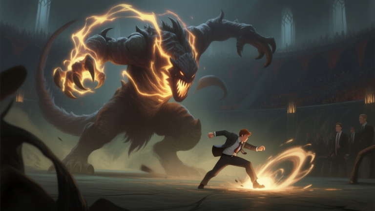 自动生成图片: A tense boss fight scene in a dark fantasy arena, a massive monstrous creature (Umpani) is mid-attack, glowing with ominous energy, while a small player character is dodging a telegraphed ground effect, soft lighting, muted colors, painterly style high quality illustration, detailed, 16:9
