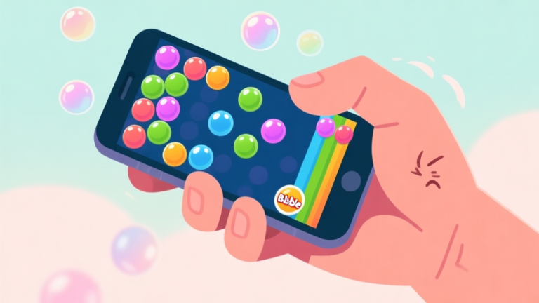 自动生成图片: A frustrated hand holding a smartphone showing a colorful Bubble Hit game level with many bubbles, soft pastel background, flat illustration style high quality illustration, detailed, 16:9
