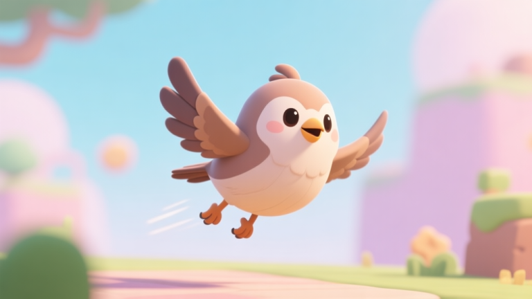 自动生成图片: Cute cartoon bird character with small wings in a dynamic pose, mid-flight in a soft pastel-colored game environment, looking determined and friendly high quality illustration, detailed, 16:9