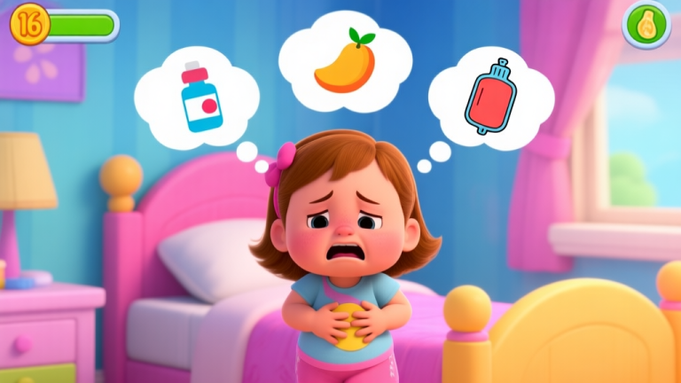 自动生成图片: A cute, cartoon-style game screenshot showing a little girl (Baby Hazel) holding her stomach with a pained expression, in a brightly colored bedroom. Thought bubbles show icons of medicine, fruit, and a hot water bottle. high quality illustration, detailed, 16:9
