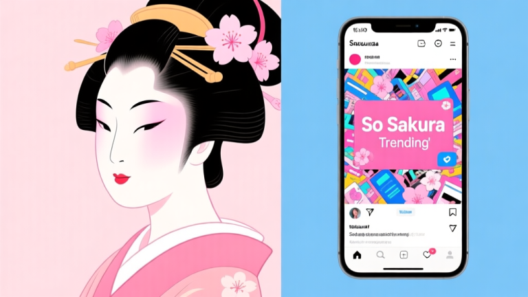 自动生成图片: A split-screen illustration showing a stylized, elegant Japanese actress portrait on one side, and on the other side, a chaotic, vibrant social media feed on a smartphone screen with the text "So Sakura" trending, using a soft pastel color palette with accents of cherry blossom pink and digital blue high quality illustration, detailed, 16:9