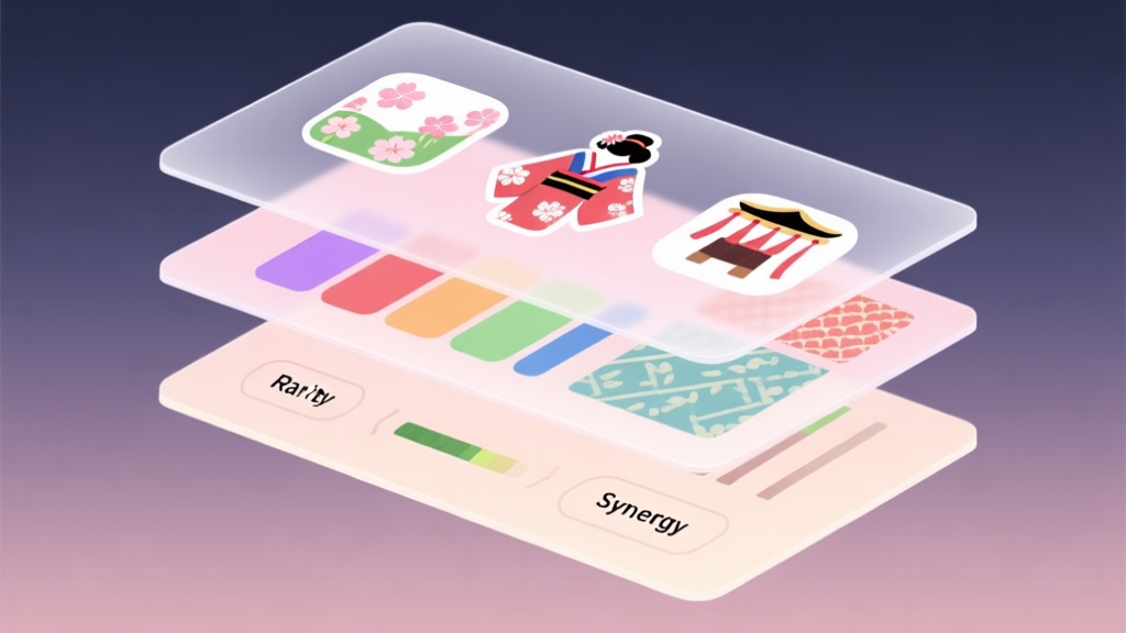 A stylized, layered diagram showing three transparent sheets stacked. Top layer shows icons of kimono themes (spring, festival). Middle layer shows color palettes and pattern compatibility. Bottom layer shows hidden stat bars for "Rarity" and "Synergy". Soft pastel color scheme. high quality illustration, detailed, 16:9