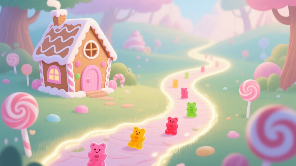 A cozy, inviting game scene in a candy land with a winding path of gummy bears, a gingerbread house in soft pastel colors, and a faint glowing trail, rendered in a soft illustrated storybook style high quality illustration, detailed, 16:9