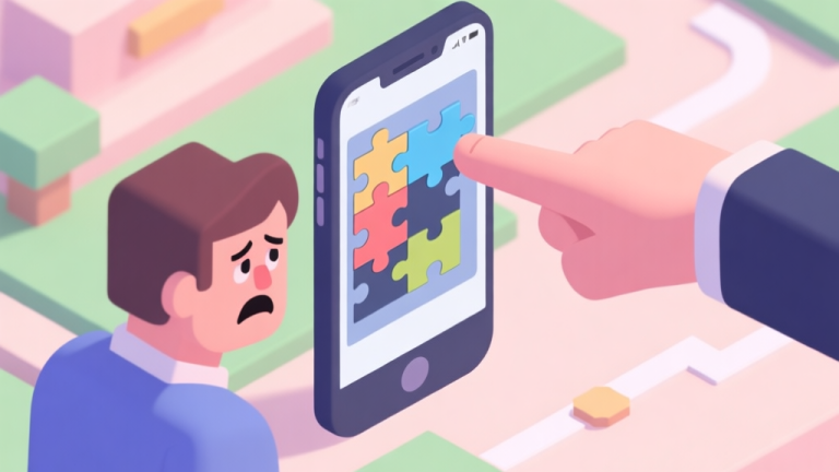 自动生成图片: A frustrated player looking at a complex puzzle on a mobile screen, with a calm, guiding hand pointing towards a solution path, soft pastel colors, isometric game art style high quality illustration, detailed, 16:9