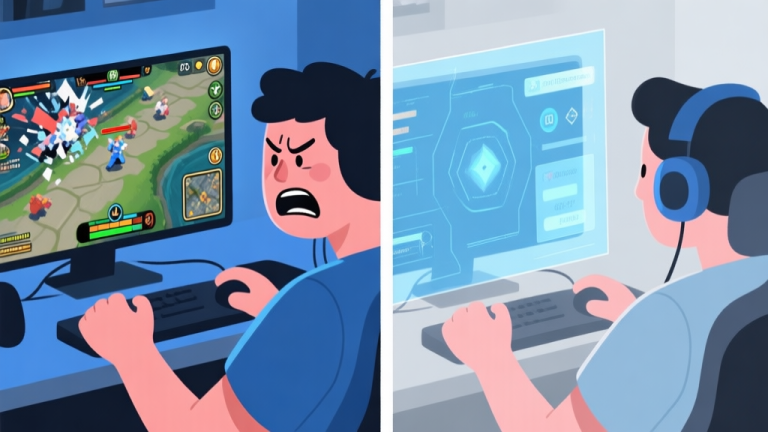 自动生成图片: A split-screen illustration showing a frustrated gamer on the left with a chaotic game screen, and a calm, focused gamer on the right with a clear, strategic UI overlay, in a soft color palette of blues and greys high quality illustration, detailed, 16:9