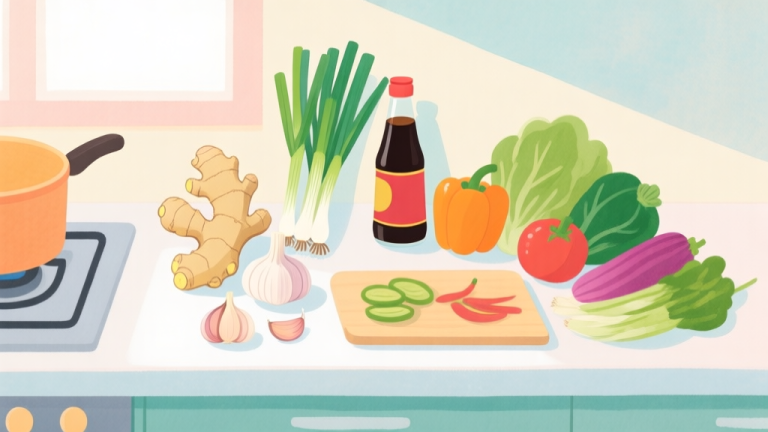 自动生成图片: A vibrant, inviting flat-lay of fresh Chinese cooking ingredients like ginger, garlic, scallions, soy sauce bottles, and colorful vegetables on a clean kitchen counter, soft natural lighting, watercolor style, pastel color palette high quality illustration, detailed, 16:9