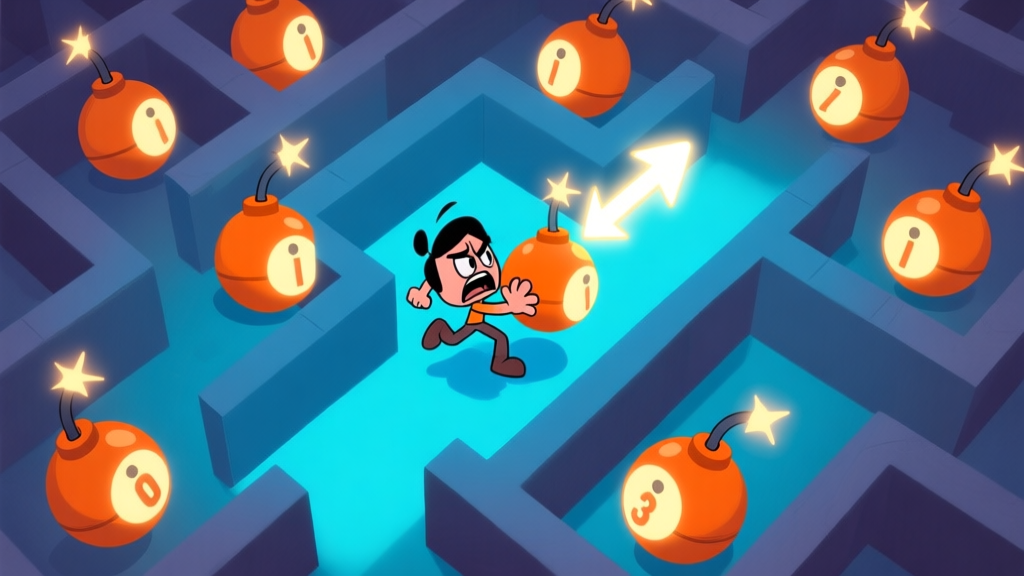 A stylized, tense game scene from a top-down perspective. A cartoon character is frozen mid-action, surrounded by multiple blinking bombs with different timers. One bomb is highlighted with a glowing arrow, showing a safe path through the maze. Soft, contrasting colors of orange for bombs and cool blue for the safe zone. high quality illustration, detailed, 16:9