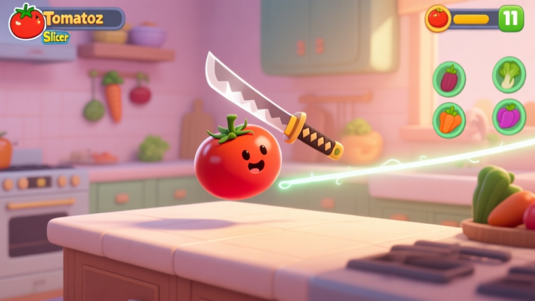 自动生成图片: A stylized, cozy game screenshot of Tomatoz Slicer, showing a kitchen counter with a cartoonish tomato mid-air, a glowing slicing line trailing behind a katana, and various vegetable targets in the background, soft pastel color palette, warm lighting high quality illustration, detailed, 16:9