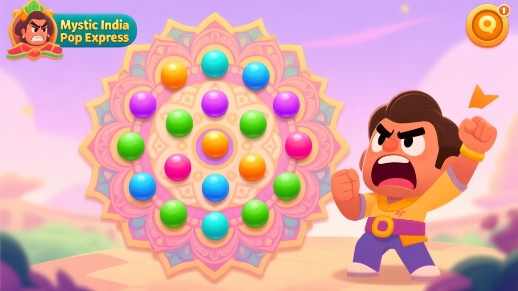 A vibrant, stylized game screenshot of Mystic India Pop Express showing colorful orbs on an intricate mandala board, with a frustrated and a triumphant cartoon character side by side, soft pastel color palette high quality illustration, detailed, 16:9