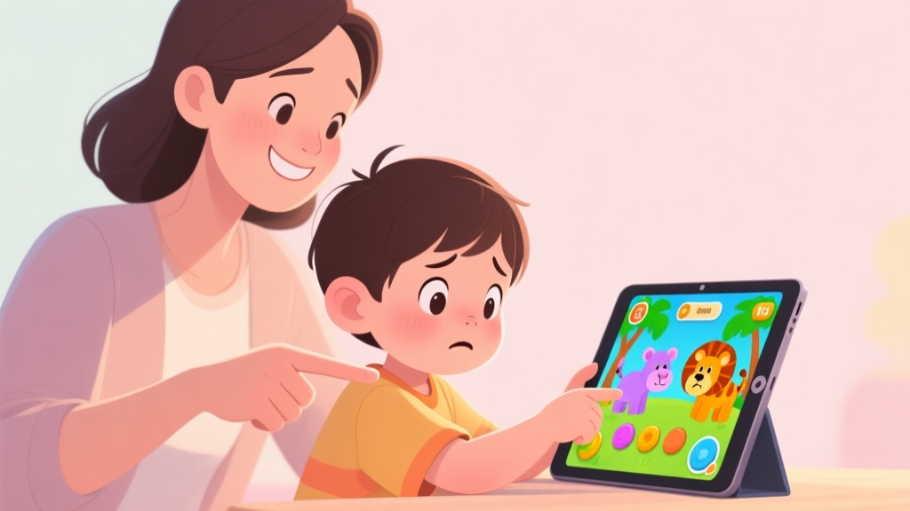A child playing a colorful animal safari game on a tablet, looking slightly confused, with a parent smiling and pointing at the screen, soft pastel background high quality illustration, detailed, 16:9