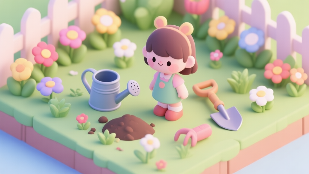 A cute isometric illustration of a cartoon garden with a little girl character, various gardening tools like a watering can and shovel lying around, and colorful flowers in different states, soft pastel color palette high quality illustration, detailed, 16:9