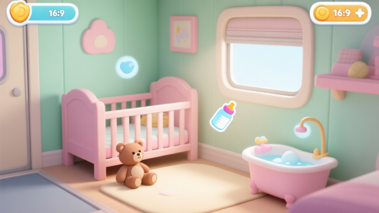 自动生成图片: A cozy, softly lit nursery room in a mobile game art style, with a cartoon baby crib, a toy bear on the floor, and a few interactive icons like a bottle and a bath tub floating gently. Pastel color scheme of mint green, soft pink, and cream. high quality illustration, detailed, 16:9