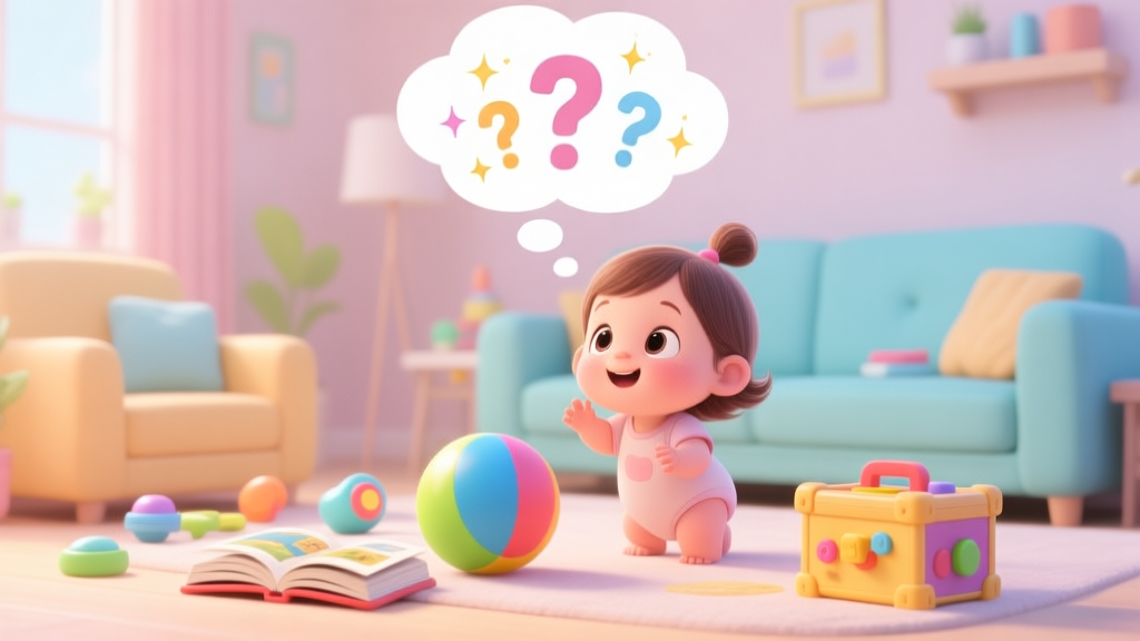 A cheerful cartoon toddler character in a bright living room, looking curiously at various interactive objects like a colorful ball, a storybook, and a toy box, with a thought bubble above her head filled with question marks and sparkles, soft pastel color palette high quality illustration, detailed, 16:9