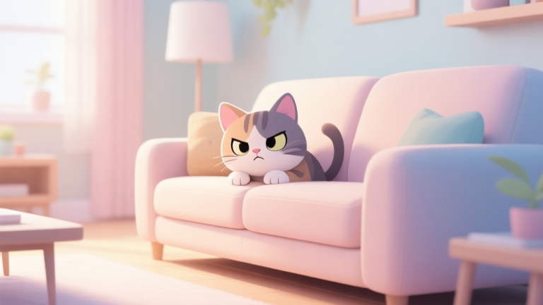 自动生成图片: A cute, slightly mischievous cartoon kitten hiding behind a sofa in a bright, cozy living room, soft pastel colors, gentle lighting, digital illustration style high quality illustration, detailed, 16:9