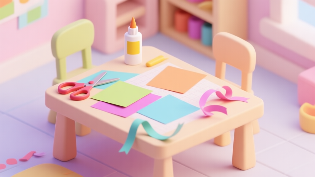 A cheerful isometric scene of a digital crafting table with colorful paper, safe scissors, glue, and ribbons, in a soft pastel color palette, evoking a child-friendly creative space high quality illustration, detailed, 16:9