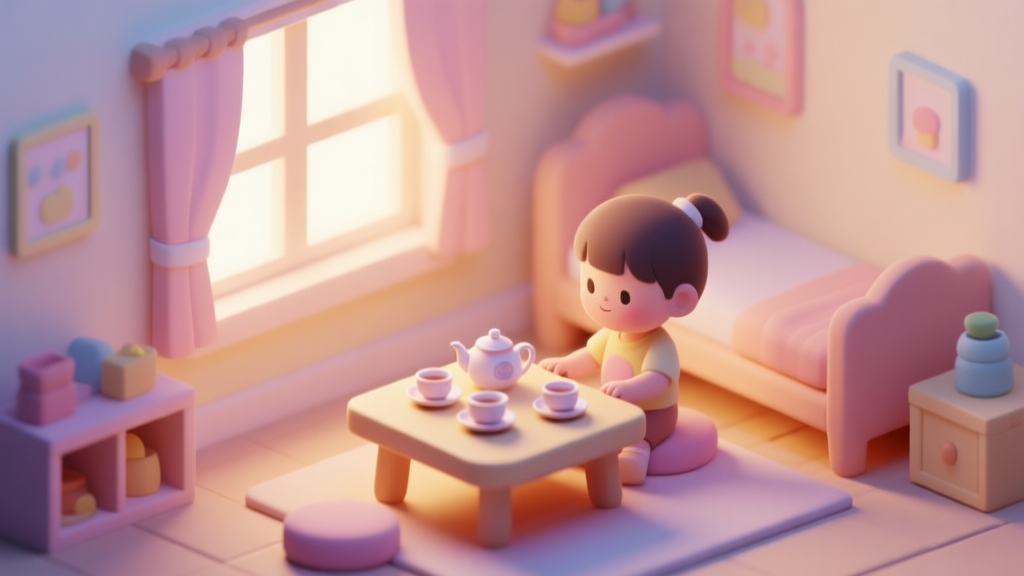 A cozy, isometric scene of a child's playroom with a small tea set on a low table, soft morning light filtering through a window, warm pastel colors, digital illustration style high quality illustration, detailed, 16:9