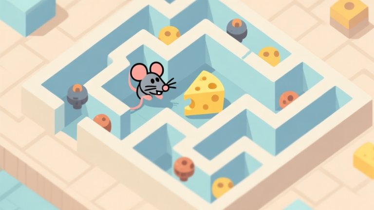自动生成图片: A stylized, top-down view of a puzzle game level with a mouse character stuck in a maze, a cheese visible but blocked by multiple moving obstacles, in soft pastel colors of beige, light blue, and yellow, minimalist game art style high quality illustration, detailed, 16:9