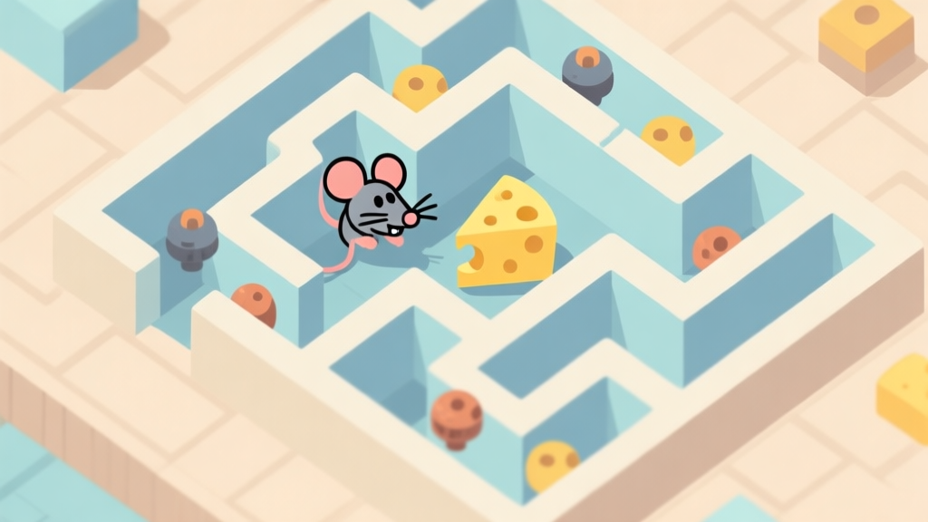 A stylized, top-down view of a puzzle game level with a mouse character stuck in a maze, a cheese visible but blocked by multiple moving obstacles, in soft pastel colors of beige, light blue, and yellow, minimalist game art style high quality illustration, detailed, 16:9