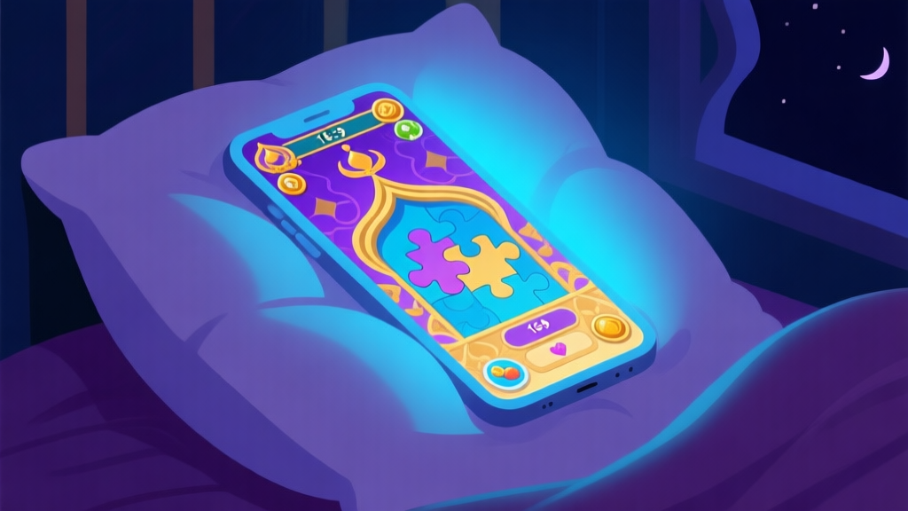 A stylized, cozy illustration of a smartphone glowing on a pillow at night, showing a vibrant and intricate puzzle game screen from an Arabian Nights-themed game, with soft blues, purples, and gold colors, flat design style high quality illustration, detailed, 16:9