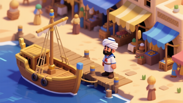 自动生成图片: A stylized, isometric view of a bustling Middle Eastern bazaar in a puzzle adventure game, with a distinct character in a turban and sailor attire standing near a docked wooden ship, soft desert color palette with accents of deep blue and gold high quality illustration, detailed, 16:9