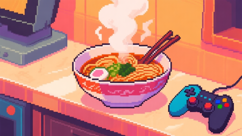 A vibrant, stylized illustration of a bowl of ramen from a Japanese video game, with steam rising, pixel art or anime aesthetic, warm inviting colors, on a counter with a game controller beside it high quality illustration, detailed, 16:9