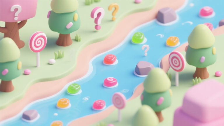 自动生成图片: A serene yet puzzling game scene of a candy river with gumdrop stones and lollipop trees, soft pastel colors, isometric view, with subtle question marks integrated into the environment high quality illustration, detailed, 16:9