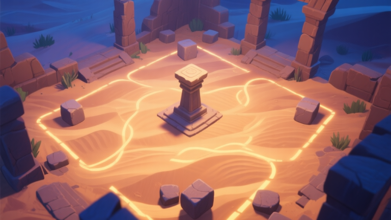 自动生成图片: A stylized, top-down view of a desert ruin puzzle area with glowing sand patterns on the floor, a central pedestal, and several movable stone blocks, soft amber and twilight blue color palette, video game concept art style high quality illustration, detailed, 16:9