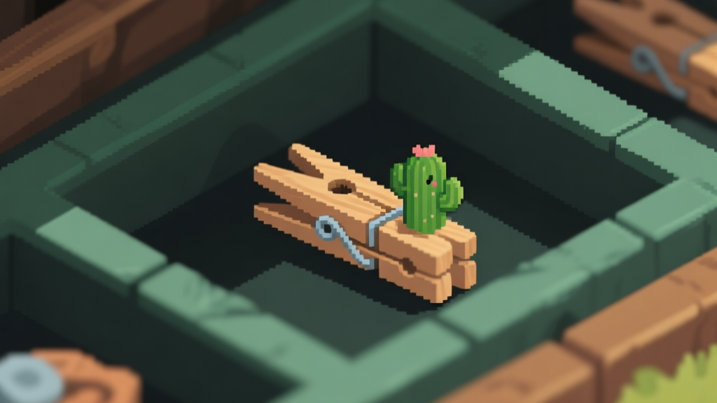 A close-up, isometric view of a pixel-art game inventory. One slot is highlighted, containing a simple wooden clothes peg with a tiny, cute cactus motif on its side, resting on a dark background. Soft lighting, muted green and brown color palette. high quality illustration, detailed, 16:9