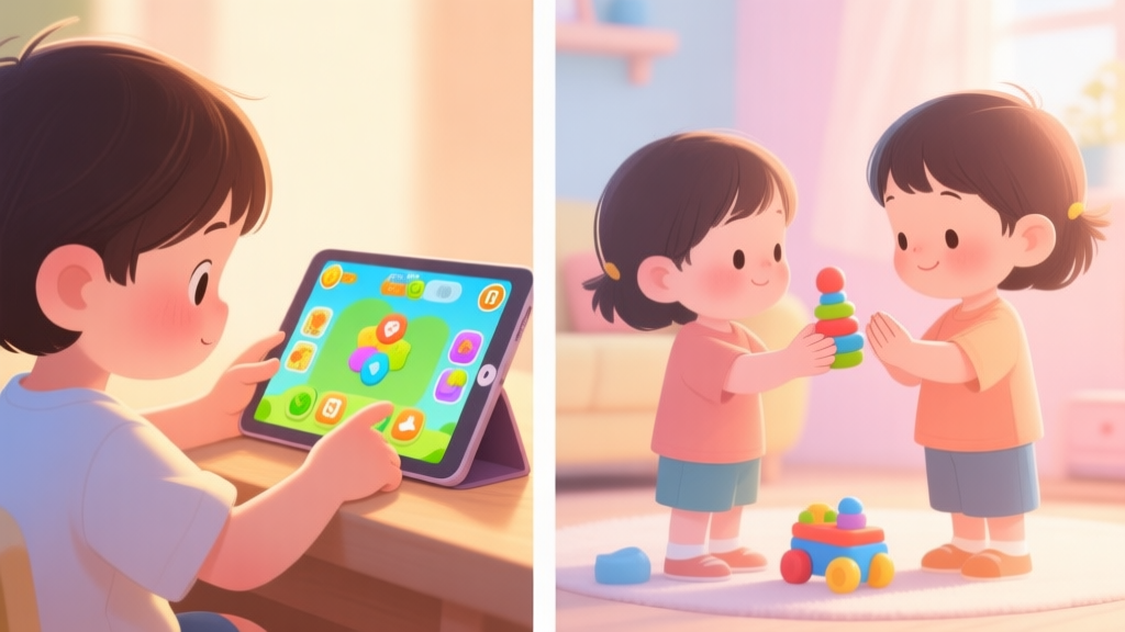 A split-screen illustration showing a child playing a colorful educational game on a tablet on one side, and the same child demonstrating good manners like sharing a toy in real life on the other side, soft pastel colors, warm lighting high quality illustration, detailed, 16:9