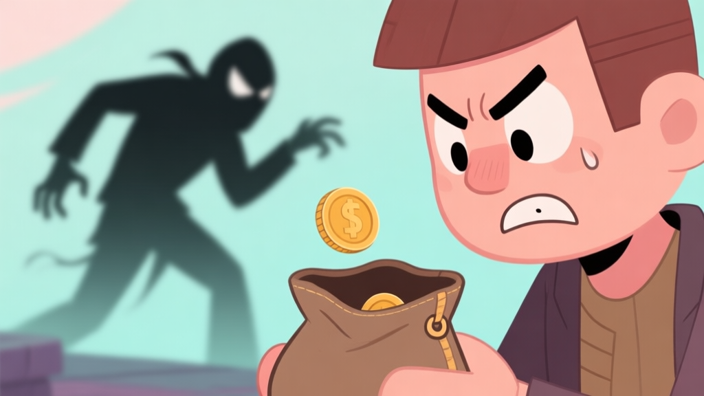 A frustrated game character looking at an empty coin pouch with a shadowy, sneaky thief figure fading away in the background, soft pastel colors, cartoon style high quality illustration, detailed, 16:9