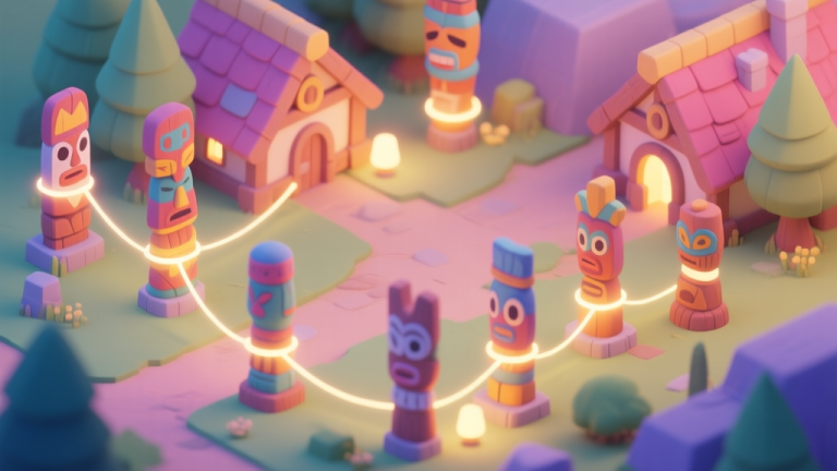 自动生成图片: A cozy, isometric view of a vibrant Little Big Totems village with various totems glowing softly, connected by delicate, pulsing light threads, in a warm pastel color palette high quality illustration, detailed, 16:9