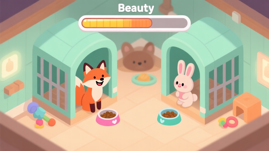 A cozy, softly lit digital illustration of a virtual animal shelter from a top-down game perspective. A happy, clean fox and a rabbit are in separate, well-decorated enclosures with food bowls and toys. A progress bar above them is nearly full, labeled "Beauty". Flat design style, pastel colors like mint green, soft orange, and light brown. high quality illustration, detailed, 16:9
