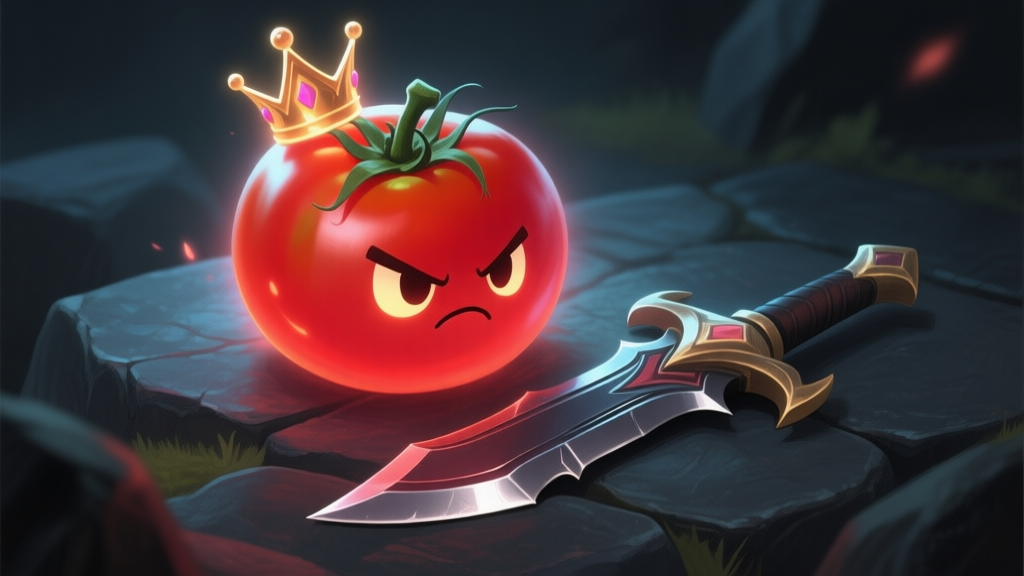 A stylized, glowing red tomato with a tiny crown and a determined expression, placed next to a sleek, dangerous-looking in-game dagger on a dark stone background, soft magical glow, digital painting style high quality illustration, detailed, 16:9