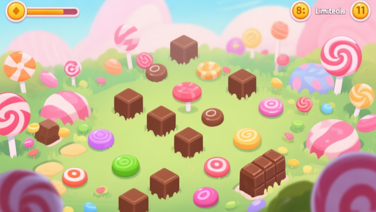 自动生成图片: A vibrant but slightly chaotic game level screenshot of a candy garden, with mismatched candies, chocolate blockers, and a limited moves counter visible, in a soft pastel color palette high quality illustration, detailed, 16:9