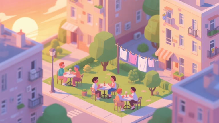 自动生成图片: A cozy isometric view of a vibrant city neighborhood in summer, with warm sunset lighting, small parks, characters chatting at outdoor cafes, and laundry hanging between apartment buildings, soft pastel color palette, digital painting style high quality illustration, detailed, 16:9