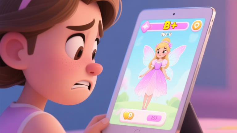 自动生成图片: A frustrated player looking at a tablet screen showing a 'B+' score in a fairy dress-up game, with a beautifully dressed fairy avatar on screen, soft pastel color palette, cartoon style high quality illustration, detailed, 16:9