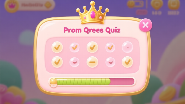 自动生成图片: A stylized, friendly mobile game interface showing a prom queen quiz, with a crown icon, multiple-choice bubbles, and a progress bar, in a soft pastel color palette with gold accents high quality illustration, detailed, 16:9