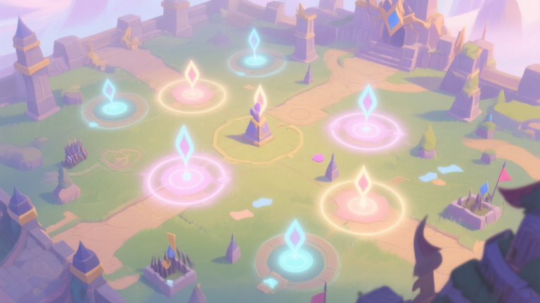 自动生成图片: A stylized, top-down view of a fantasy game battlefield, showing soft healing aura zones and strategic positioning markers, in a soft pastel color palette with gentle glows high quality illustration, detailed, 16:9