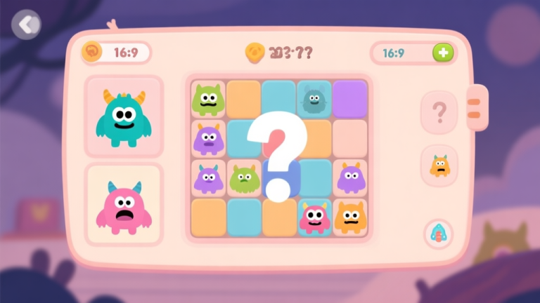 自动生成图片: A cozy, inviting game screen of a tile-matching puzzle with cute monster illustrations, soft pastel colors, clear UI elements, and a hint of confusion represented by a subtle question mark overlay, flat illustration style high quality illustration, detailed, 16:9