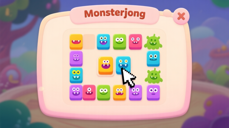 自动生成图片: A welcoming, cozy game interface screenshot of a Monsterjong level, showing colorful monster tiles arranged in a solitaire mahjong layout, with a friendly cursor hovering over a matching pair, soft pastel game aesthetic high quality illustration, detailed, 16:9