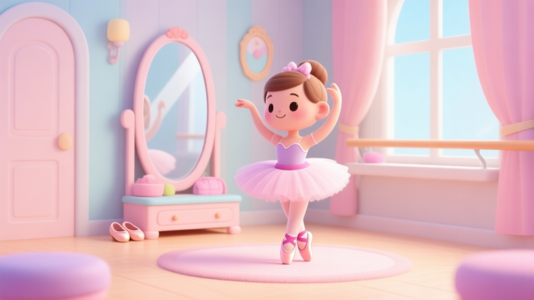 自动生成图片: A cute and colorful game screenshot style image of a cartoon ballerina room, with a tutu, ballet slippers, and a mirror, soft pastel colors, friendly and inviting atmosphere high quality illustration, detailed, 16:9