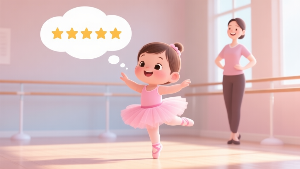 A cheerful cartoon toddler character in a pink tutu, mid-pirouette in a sunny dance studio, with a thought bubble showing a perfect five-star rating and a smiling instructor, soft pastel colors, clean lines high quality illustration, detailed, 16:9