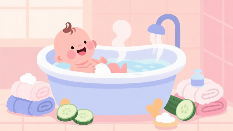 自动生成图片: A cute, cozy illustration of a baby spa scene with soft pastel colors, showing a happy baby in a bathtub surrounded by fluffy towels, cucumber slices, and gentle steam, in a flat design style high quality illustration, detailed, 16:9